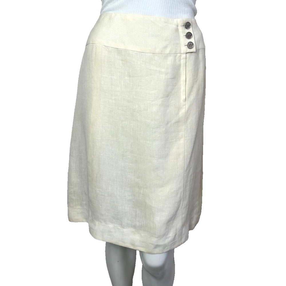 CHANEL Linen Straight Skirt Size 42 Ivory Logo Button Waist w/Zip Silk Lined